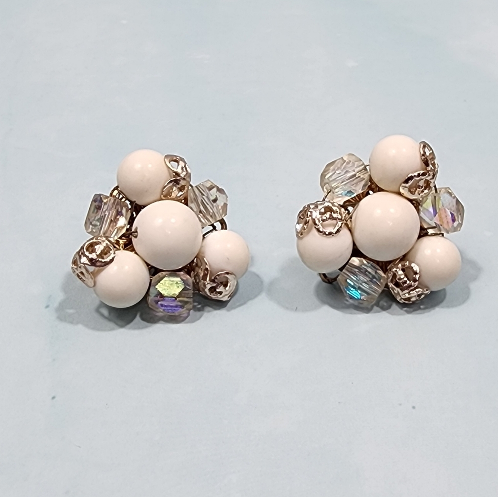 Vintage Japan Milk Glass and Aurora Borealis Earrings